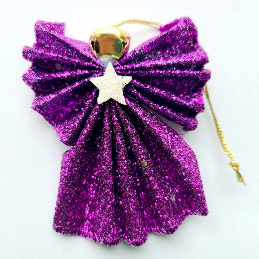Purple Handmade Ribbon and Bell Angel Ornament